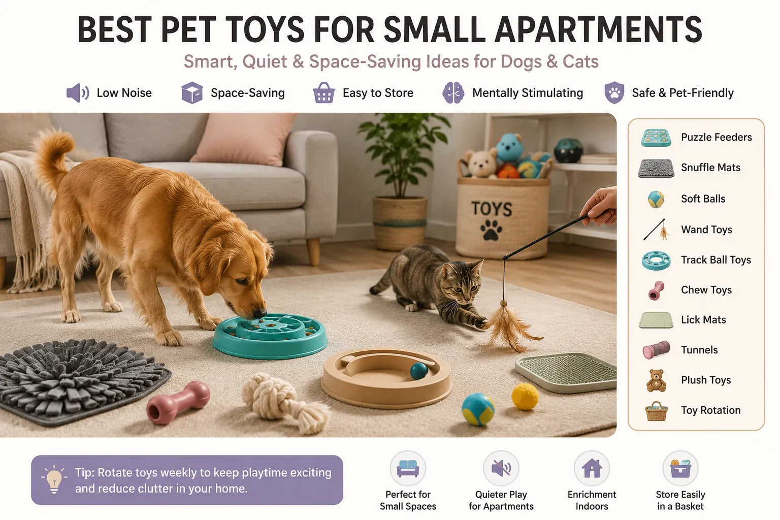 Best pet toys for small apartments with a dog and cat playing with quiet puzzle toys, soft balls, a wand toy, snuffle mat, and compact toy basket