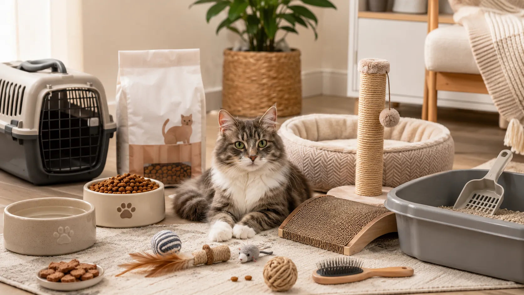 Cat essentials checklist with food bowls, litter box, cat bed, scratching post, toys, carrier, grooming tools, and storage for daily cat care