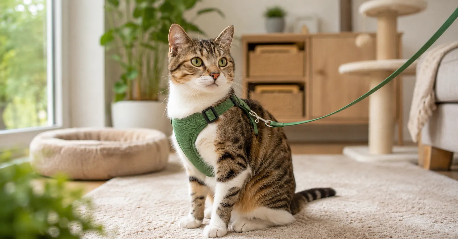 Cat harness guide showing a tabby cat wearing an adjustable harness and leash indoors during gradual comfort and fit training