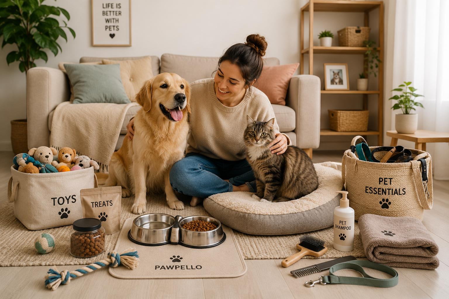 Pet owner sitting with a dog and cat in a cozy living room surrounded by everyday pet essentials, including bowls, toys, treats, grooming tools, and a pet bed.