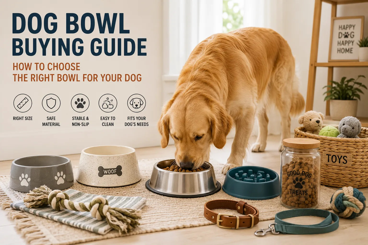 Dog eating from a bowl in a cozy home feeding area with pet essentials and accessories nearby.