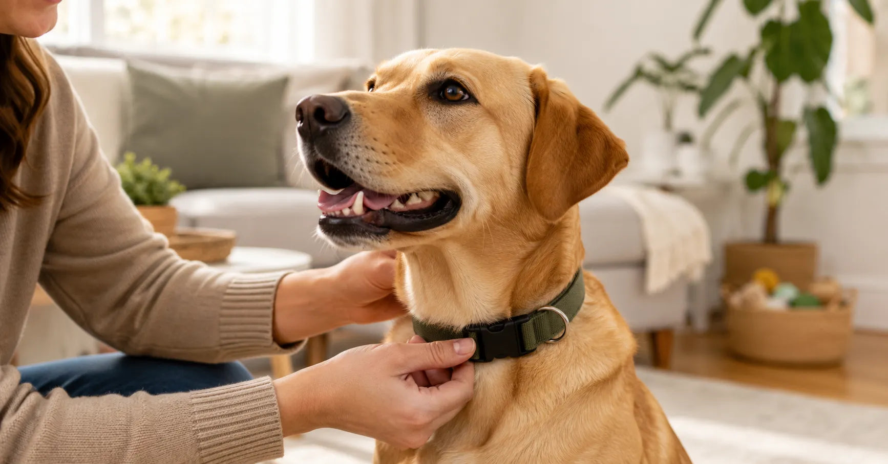 Dog collar guide showing a comfortable adjustable collar, identification tag, buckle, leash ring, and measuring tape for proper everyday fit