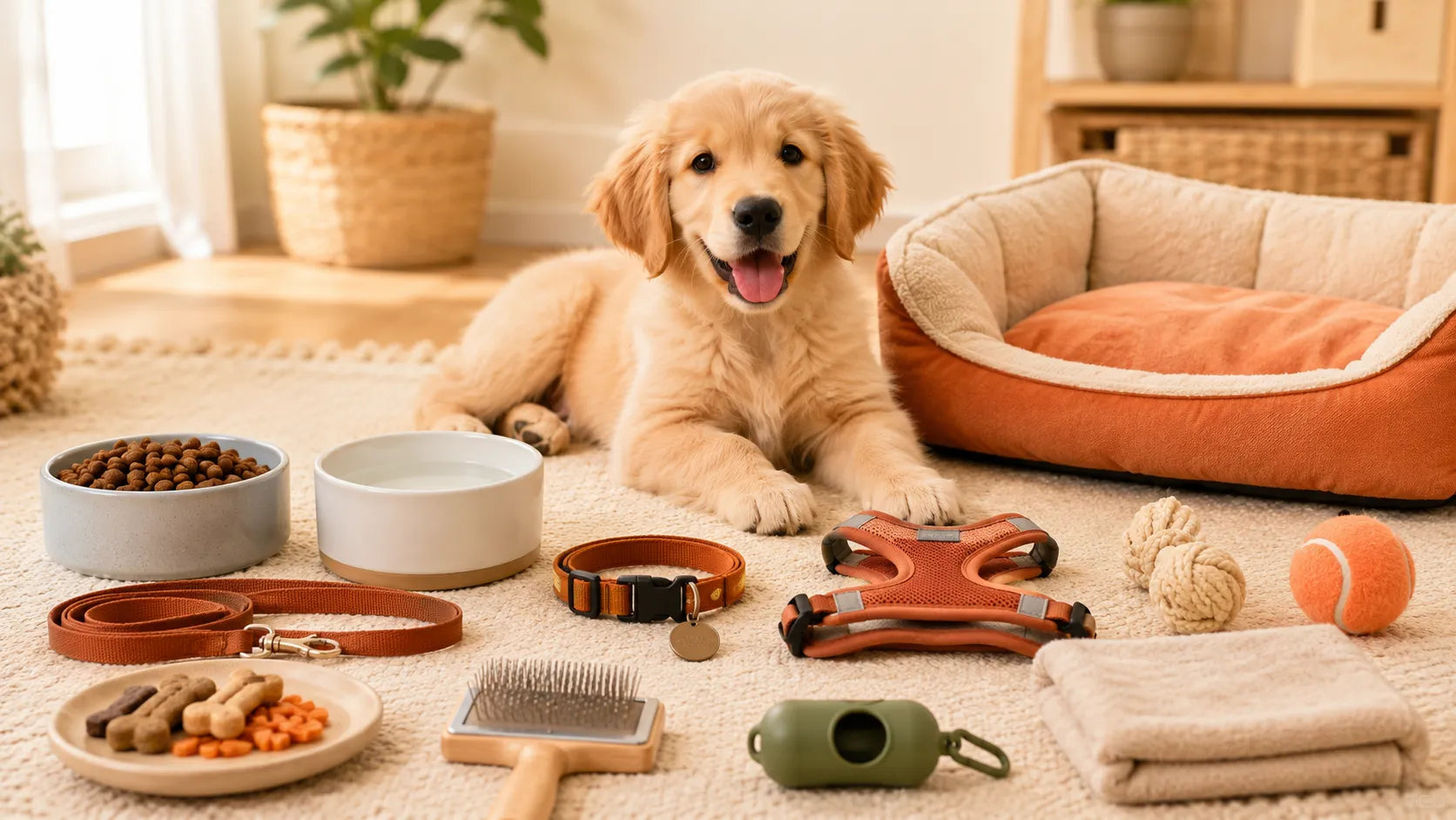Dog essentials checklist for first-time owners with food bowls, bed, collar, leash, toys, treats, grooming tools, and travel supplies