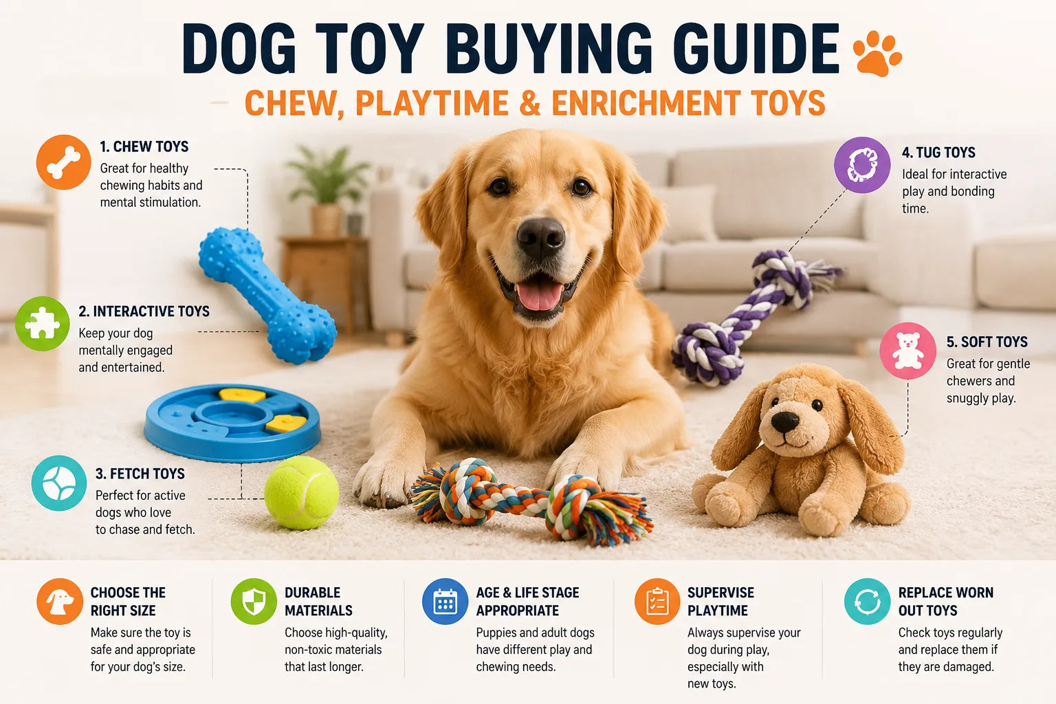 Dog toy buying guide with a golden retriever and chew, fetch, tug, soft, and interactive enrichment toys for daily play