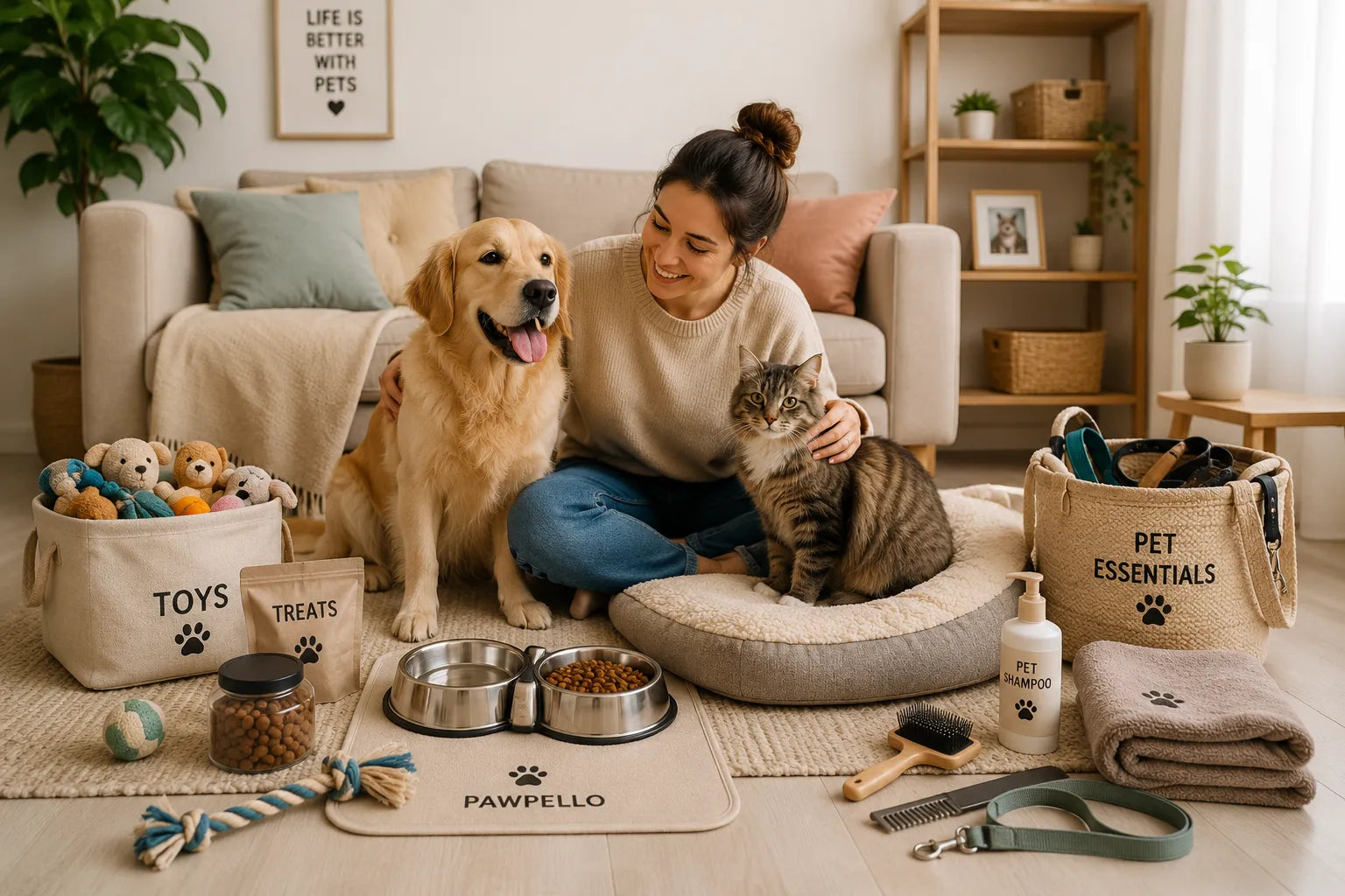 Pet owner sitting with a dog and cat in a cozy living room surrounded by everyday pet essentials, including bowls, toys, treats, grooming tools, and a pet bed.