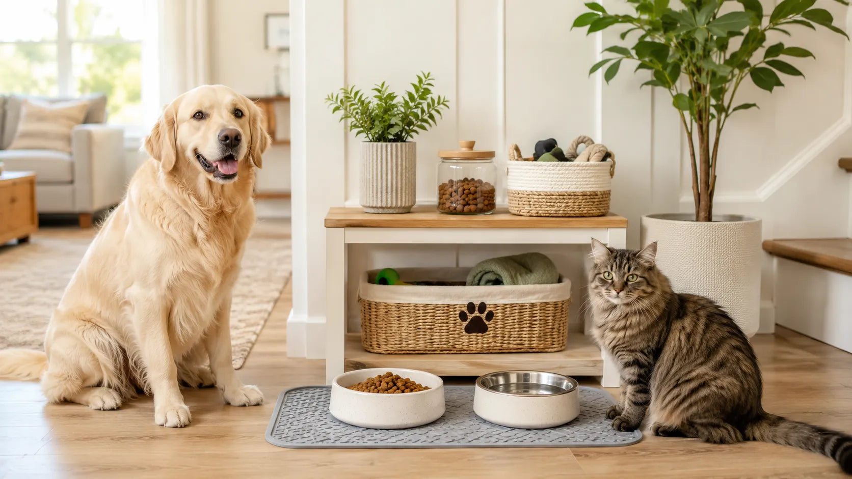 Organized feeding station setup for cats and dogs with bowls, mat, storage, and a clean pet-friendly home space