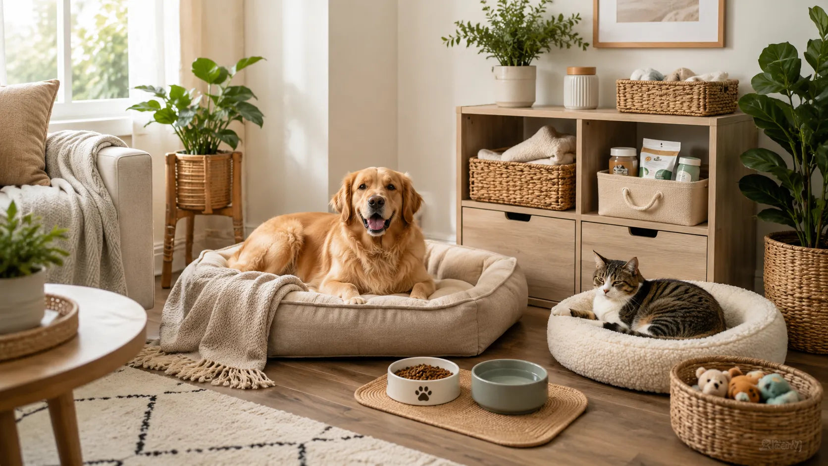 Cozy pet corner at home with a dog bed, cat bed, pet bowls, toys, blanket, and organized storage for daily pet care