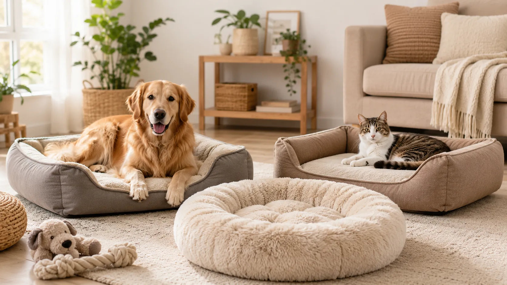 Dog and cat resting on comfortable pet beds in a cozy home with washable covers, raised edges, soft cushions, and organized sleeping areas