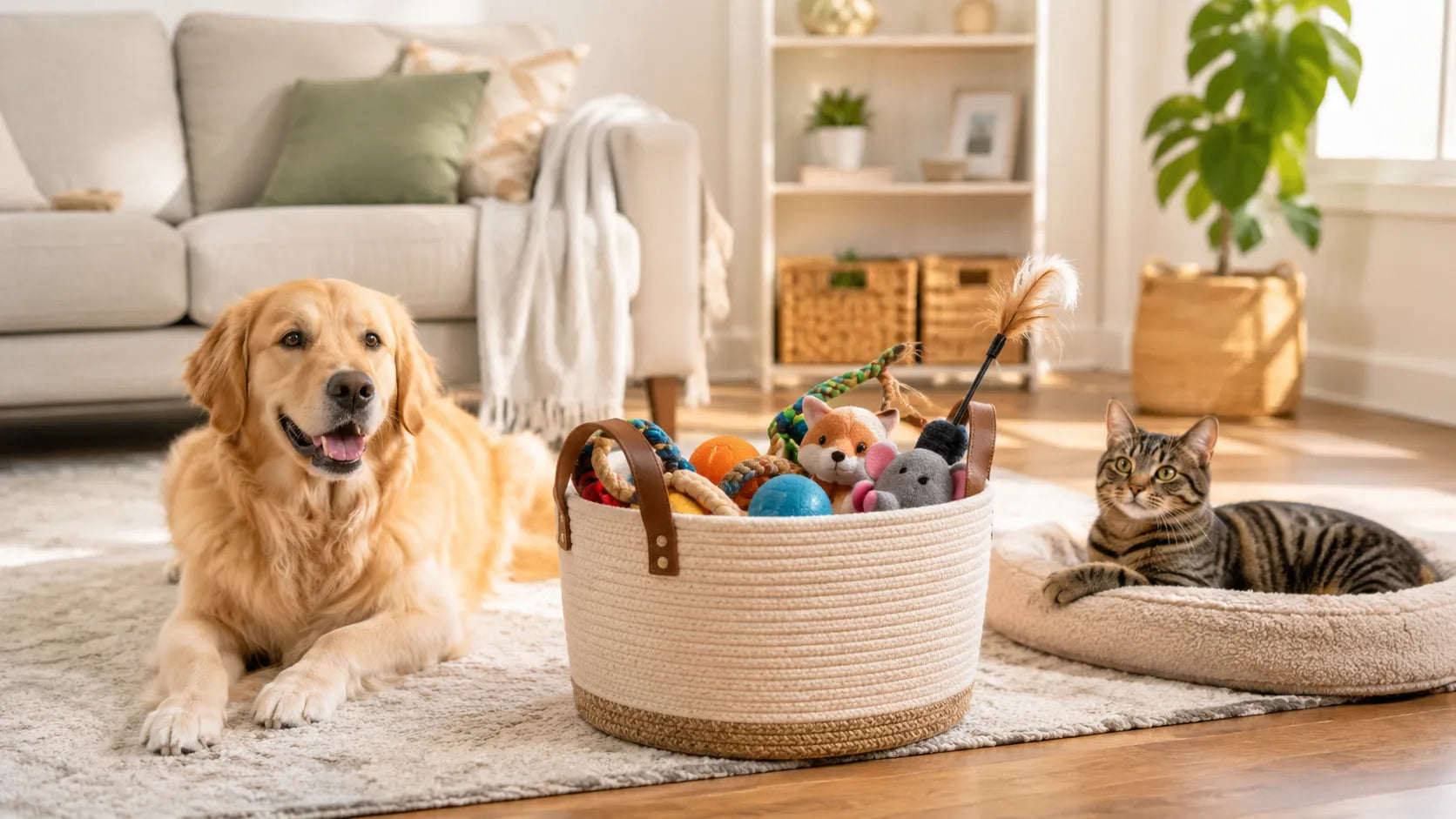 Organized pet toy storage area with separate dog and cat toy baskets, hidden bins, teaser wands, balls, chew toys, and a clean living room