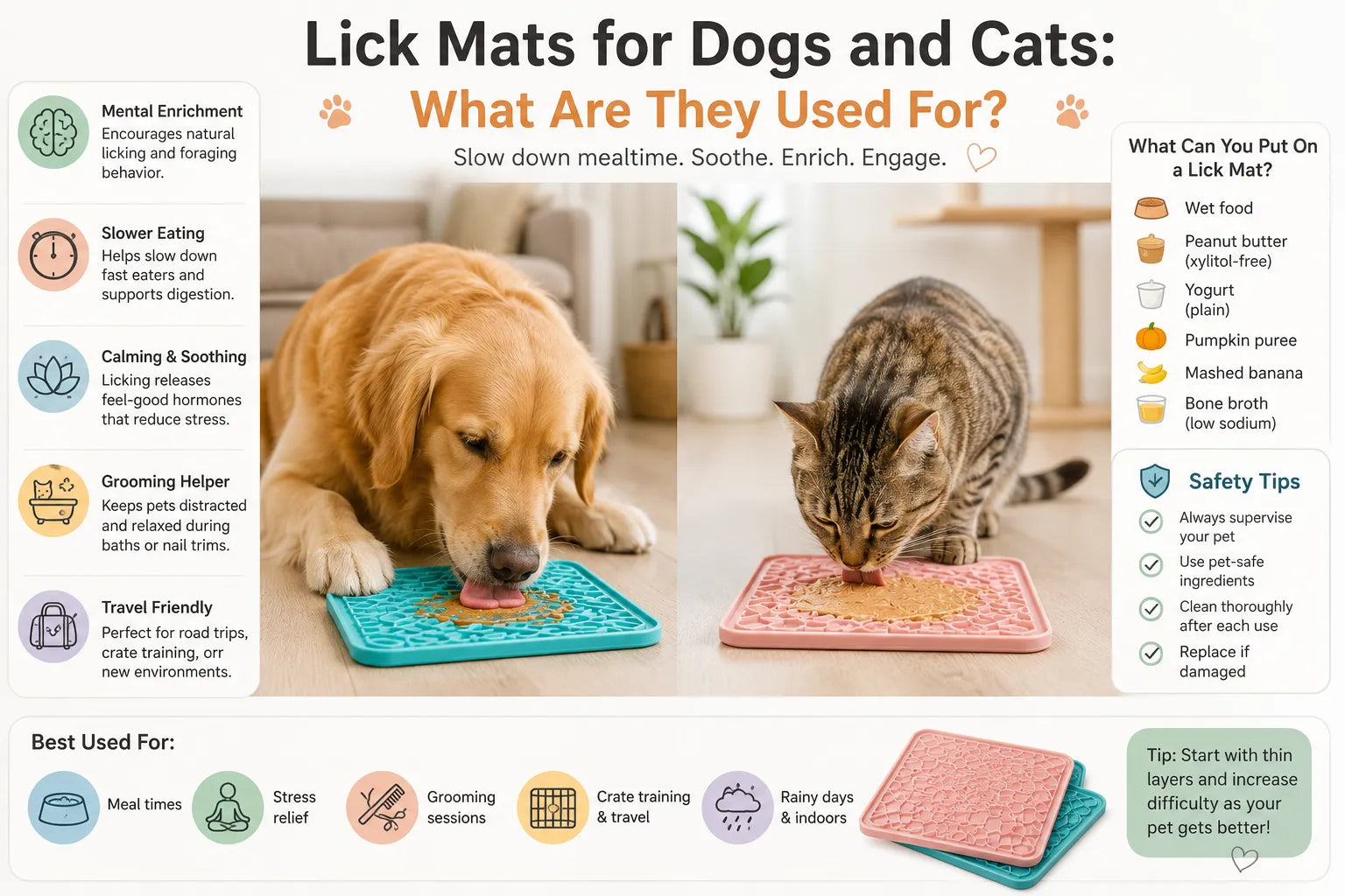 Dog and cat using textured lick mats with pet-safe wet food in a clean home feeding area during supervised enrichment time