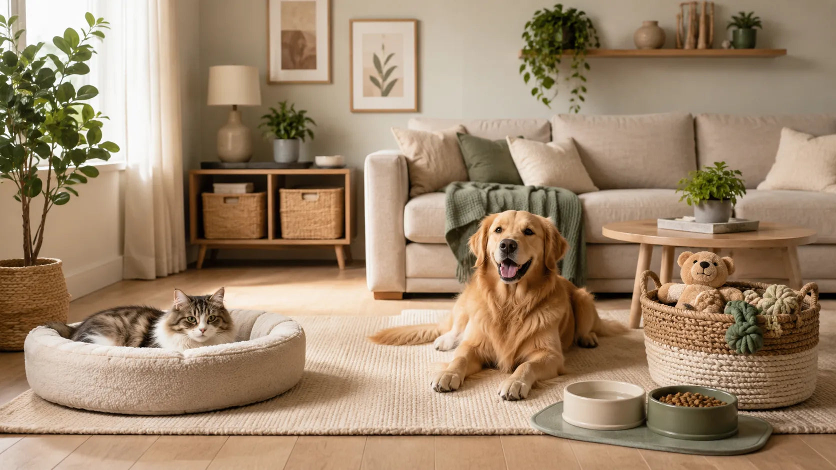 Pet-friendly home with organized dog and cat beds, food bowls, toy storage, washable blankets, and a clean cozy living space