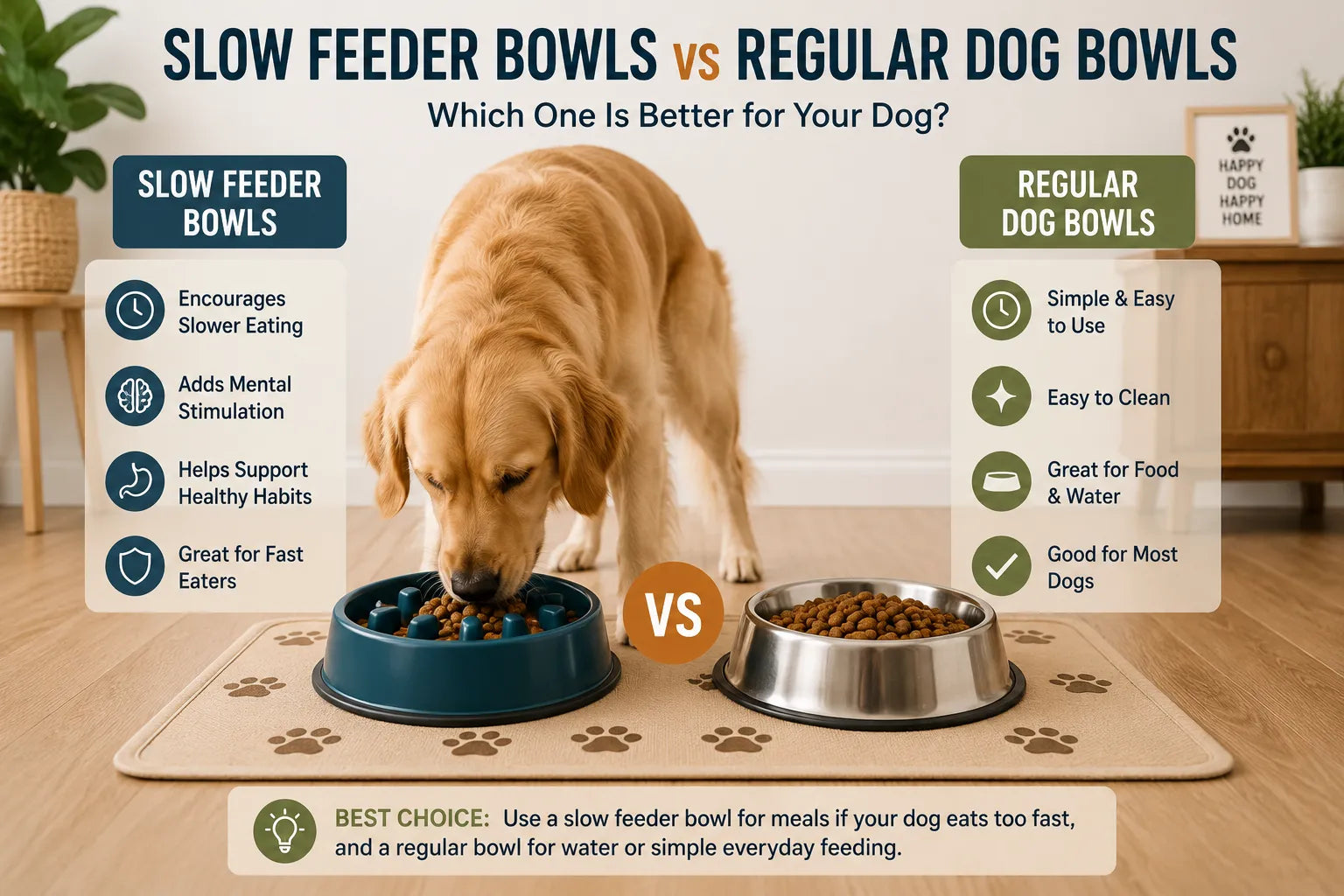 Dog eating from a slow feeder bowl beside a regular dog bowl in a cozy home feeding area.