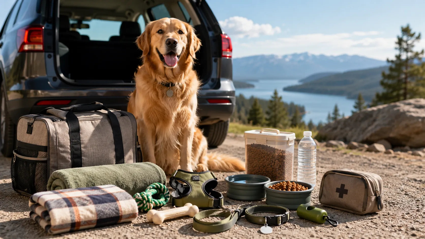 Dog road trip travel essentials with a safety harness, leash, portable bowls, water, food, first-aid kit, blanket, toys, and organized travel bag