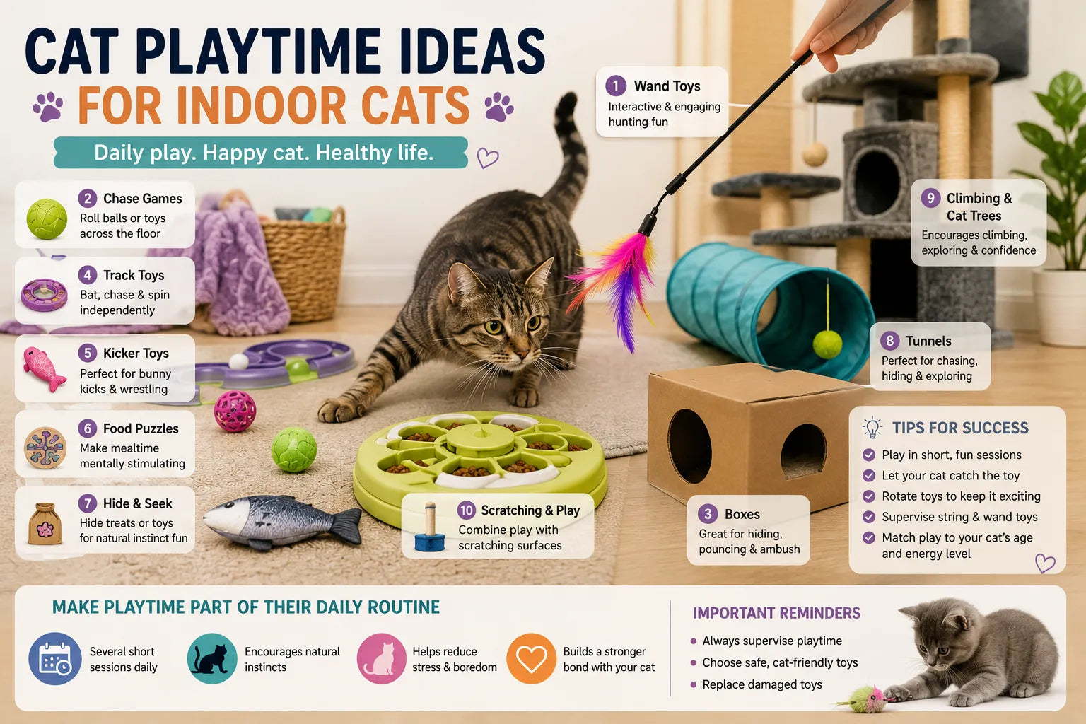 Indoor cat playtime ideas with a tabby cat using a wand toy, tunnel, puzzle feeder, scratching post, balls, boxes, and climbing tree at home