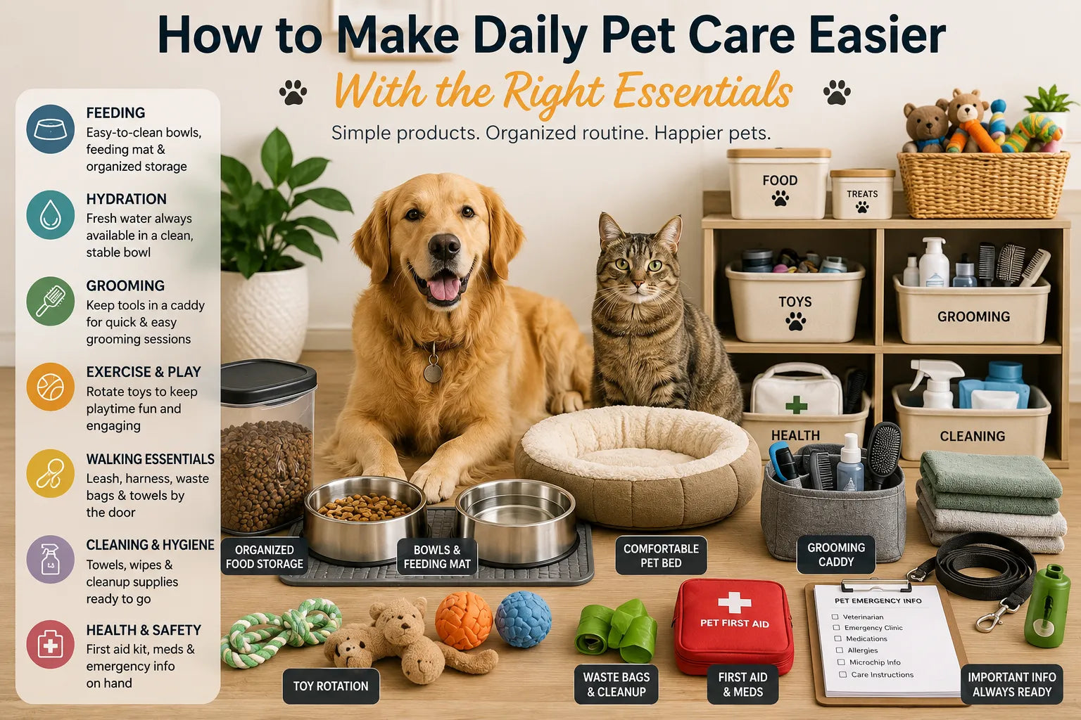 Daily pet care essentials organized with food bowls, pet bed, toys, leash, grooming tools, cleaning supplies, storage baskets, dog, and cat