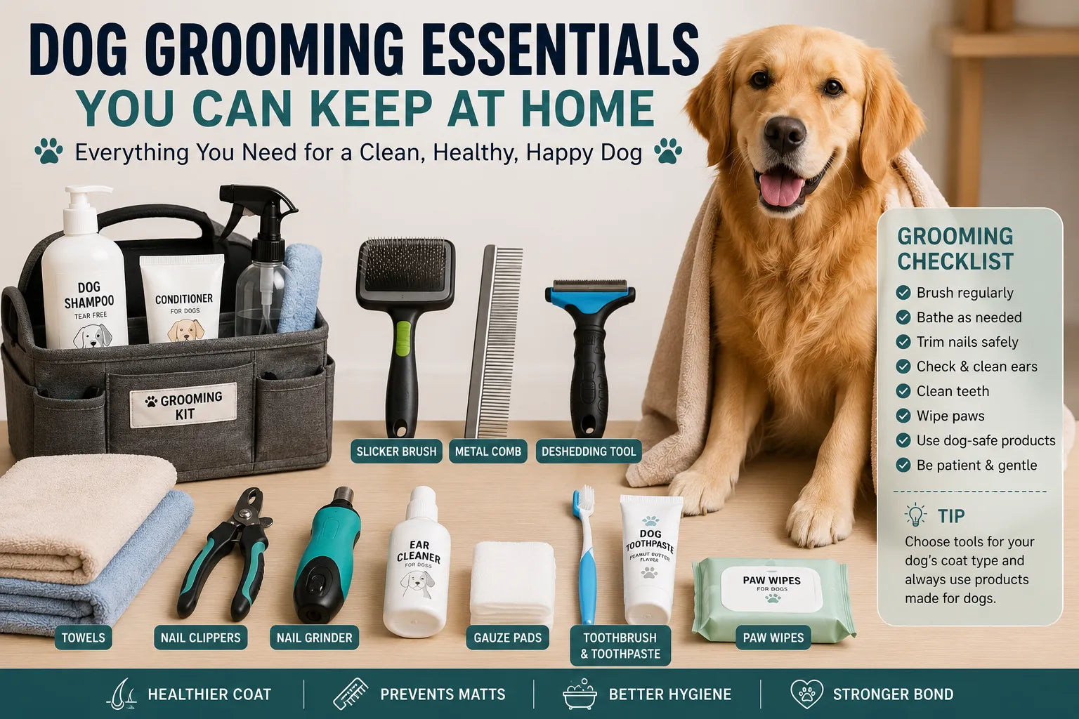 Dog grooming essentials arranged at home with brushes, comb, dog shampoo, towels, nail clippers, ear-care supplies, paw wipes, and grooming caddy