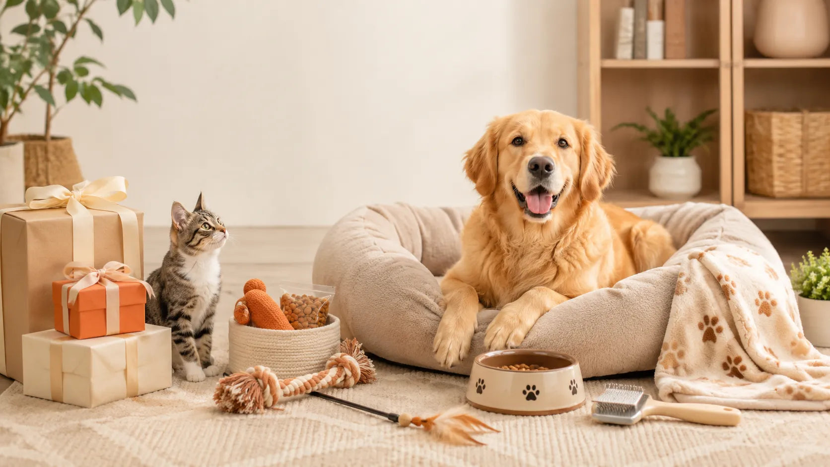 Cute and useful pet gift ideas for dogs and cats including toys, beds, feeding accessories, and everyday pet essentials