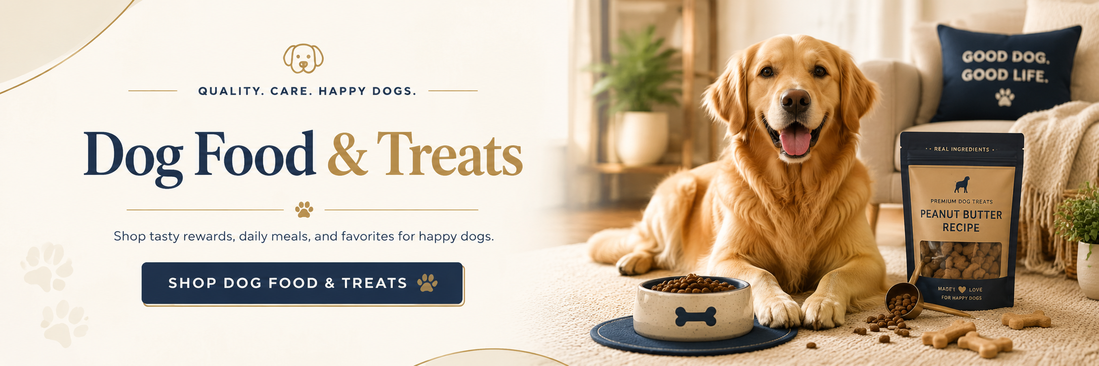 Dog Food & Treats collection banner with a happy golden retriever, dog bowl, and treat bag in a cozy home setting