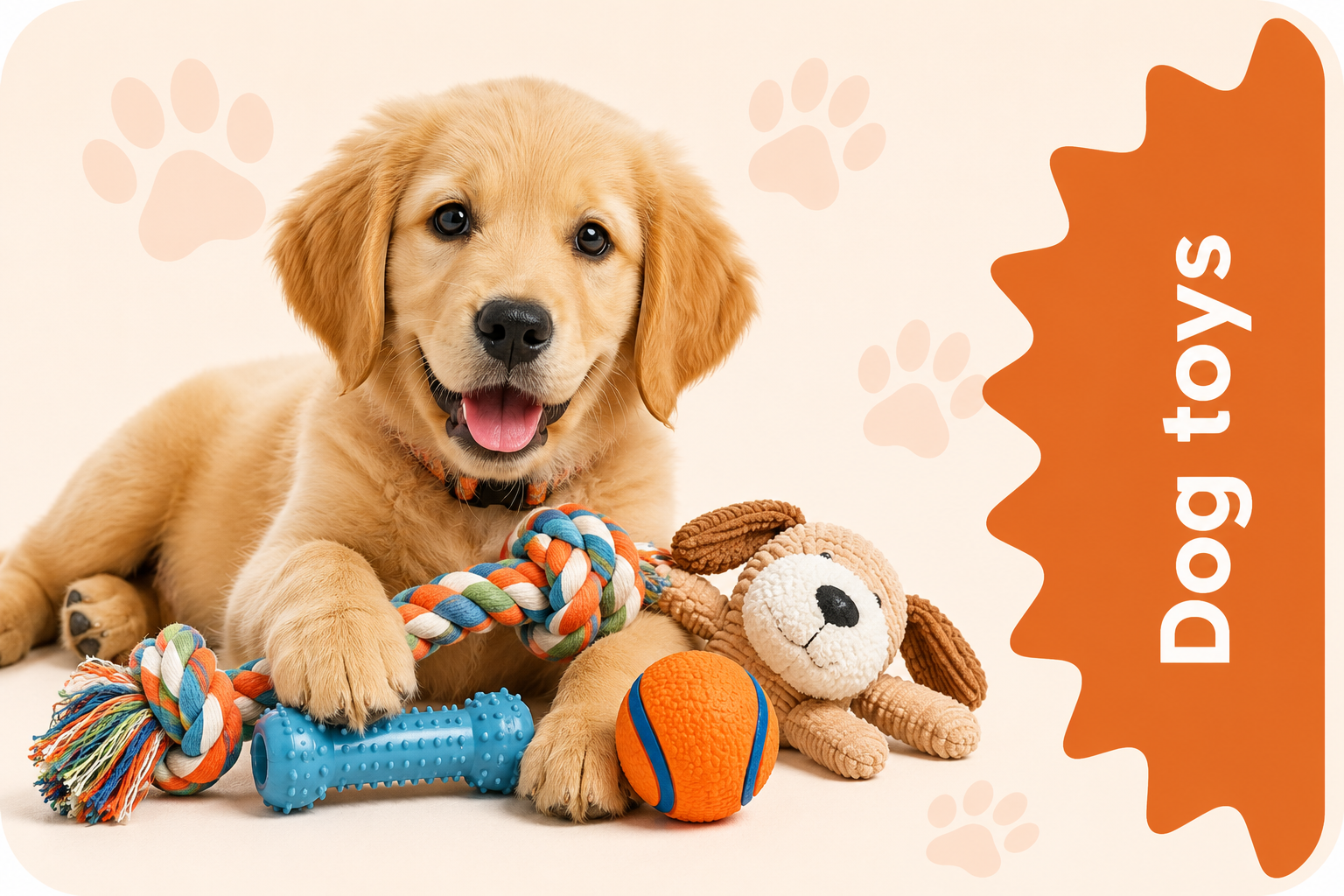Dog Toys collection image with a happy puppy, rope toy, chew toy, ball, and plush toy on a soft paw print background