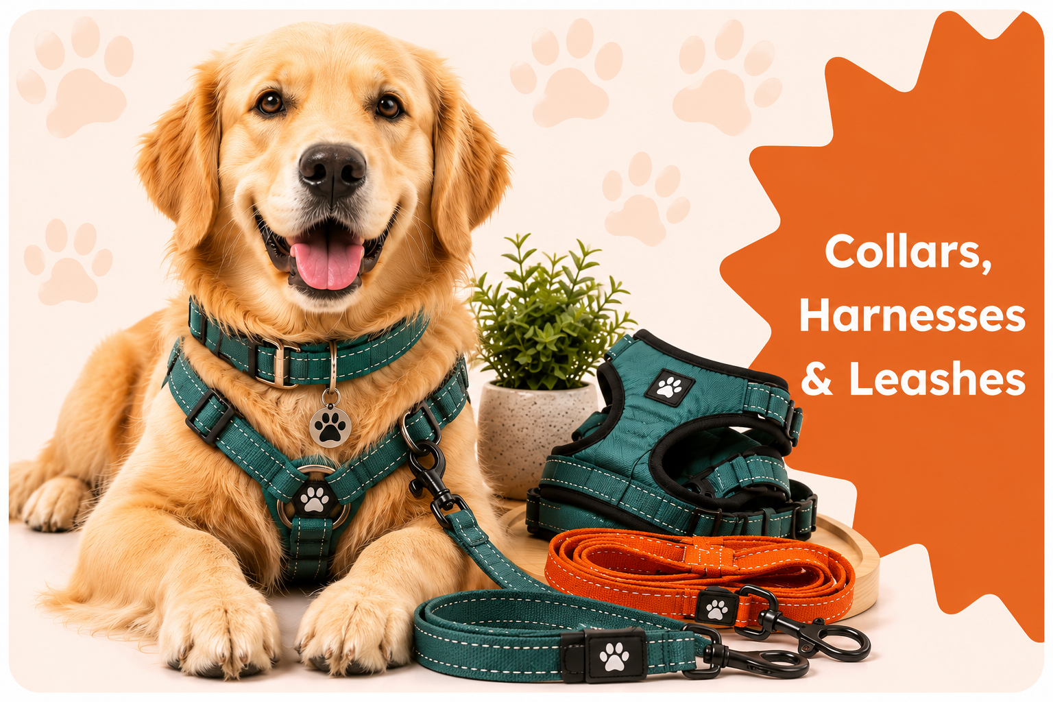 Collars, Harnesses & Leashes collection image with a happy dog wearing walking gear beside collars, harnesses, and leashes