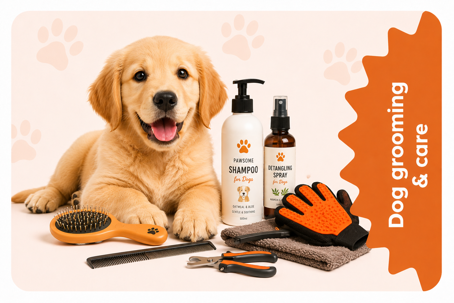 Dog Grooming & Care collection image with a happy puppy, dog shampoo, grooming brush, comb, nail clippers, towel, and grooming glove