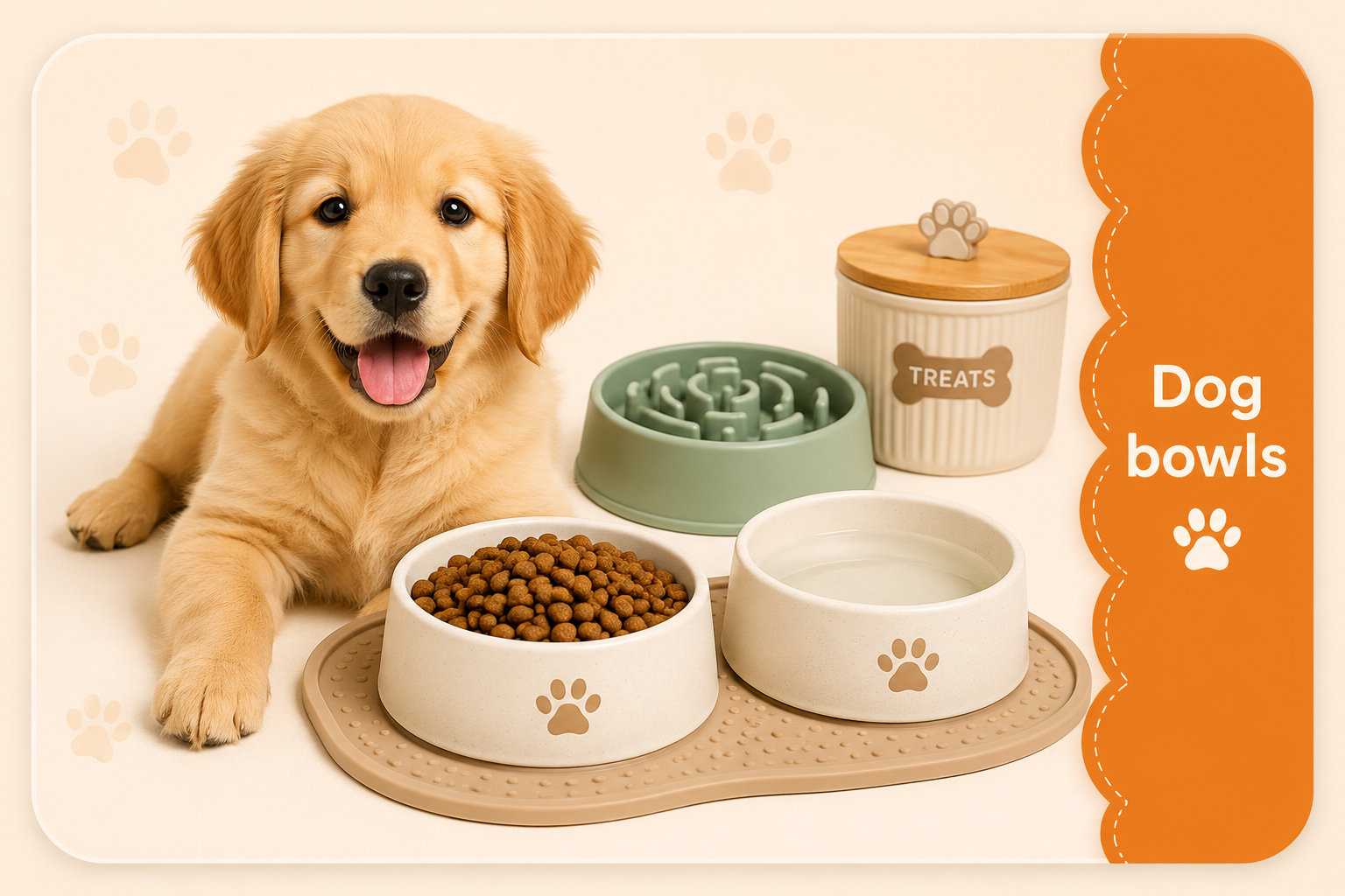 Dog Bowls & Feeding collection image with a happy puppy, food bowl, water bowl, slow feeder, treat jar, and feeding mat
