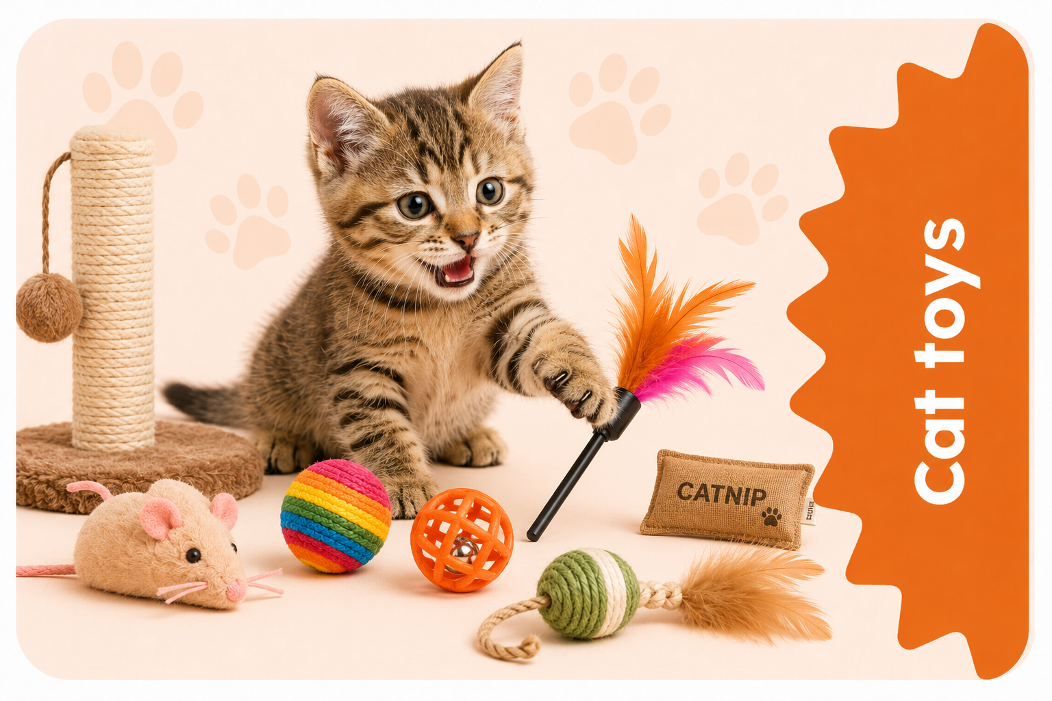 Cat Toys collection image with a playful kitten, feather wand, scratching post, catnip toy, toy mouse, and colorful play balls
