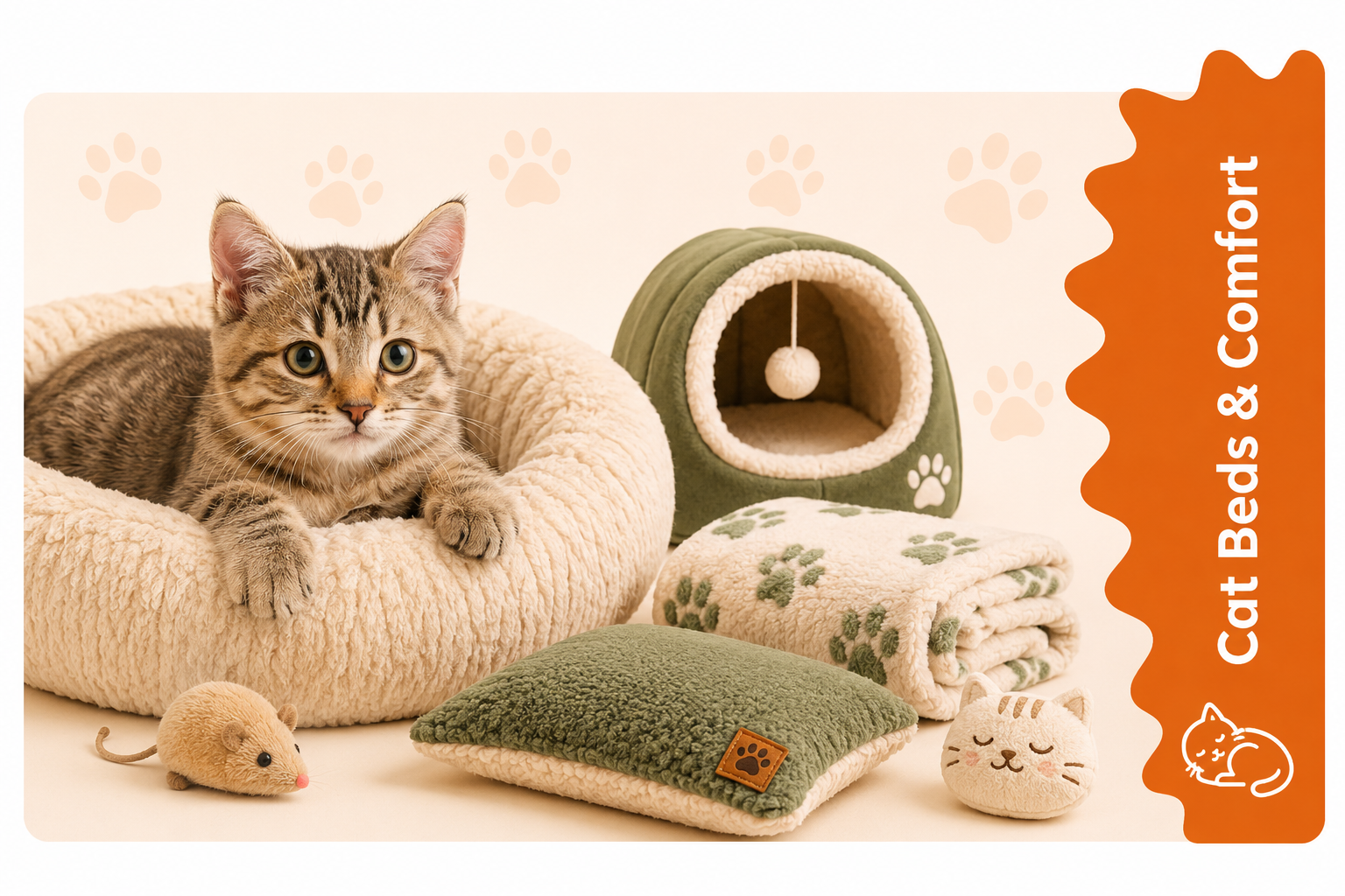 Cat Beds & Comfort collection image with a cute kitten resting in a cozy cat bed beside soft blankets, cushions, and comfort accessories