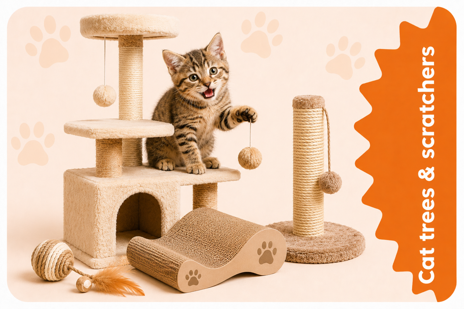 Cat Trees & Scratchers collection image with a playful kitten, cat tree, scratching post, cardboard scratcher, and hanging toys