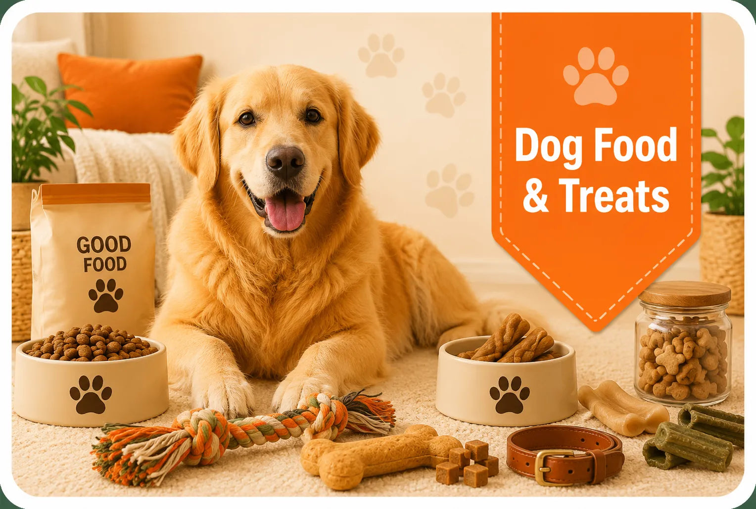 Dog Food & Treats collection banner with a happy golden retriever, dog bowl, and treat bag in a cozy home setting