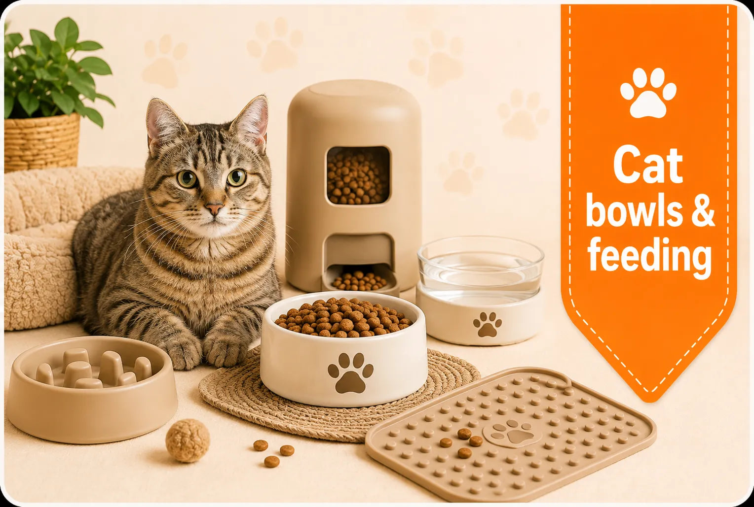 Cat Bowls & Feeding collection image with a cute kitten, cat food bowl, water bowl, slow feeder, feeding mat, and cat food bag