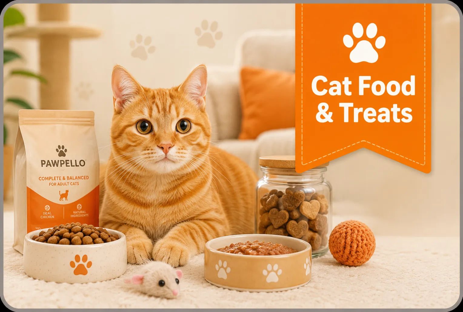 Cat Food & Treats collection image with a cute kitten, cat food bowl, treat bag, and cat snacks on a soft paw print background