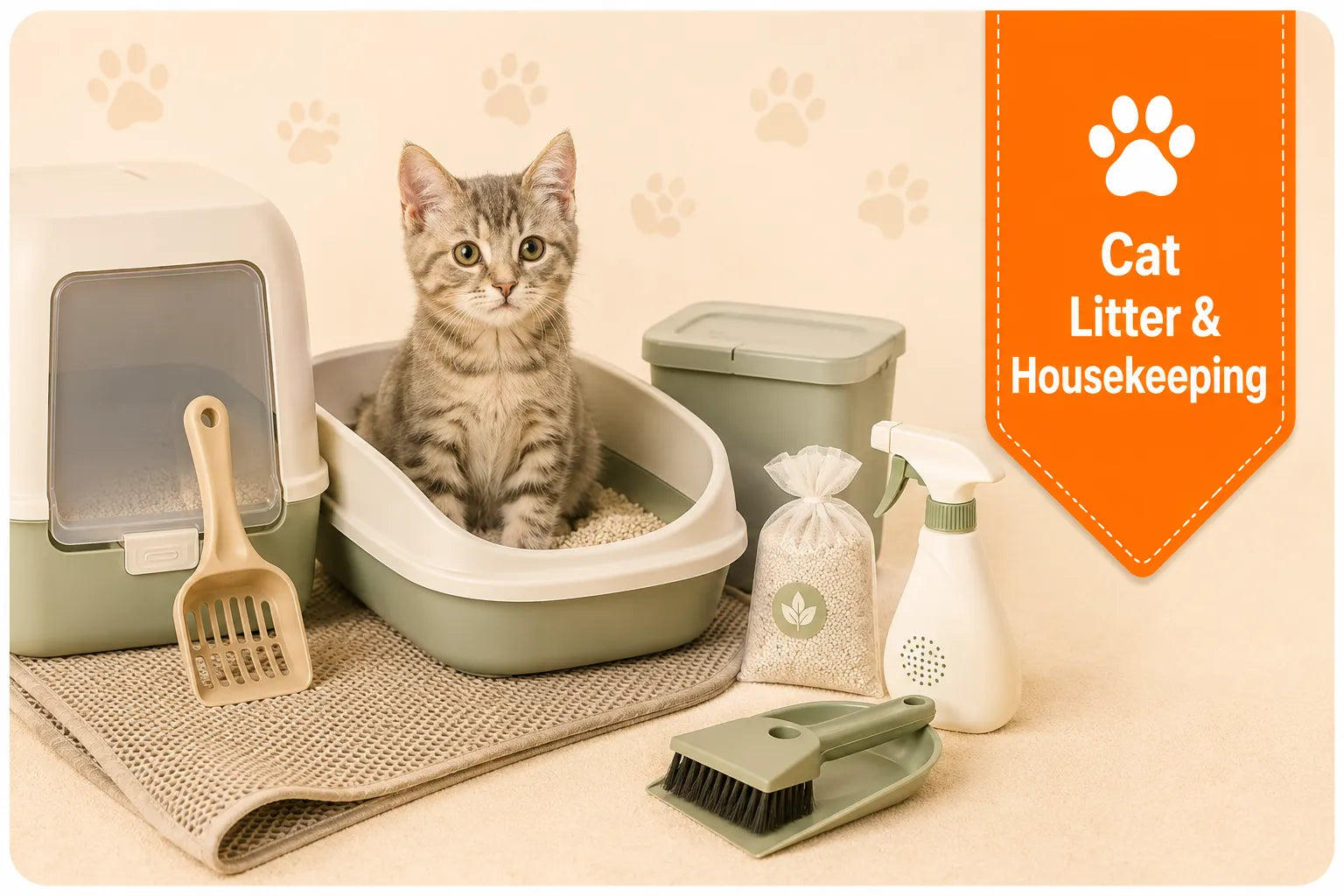Cat Litter & Housekeeping collection image with a kitten in a litter box, cat litter bag, scoop, litter mat, deodorizer, and cleaning accessories