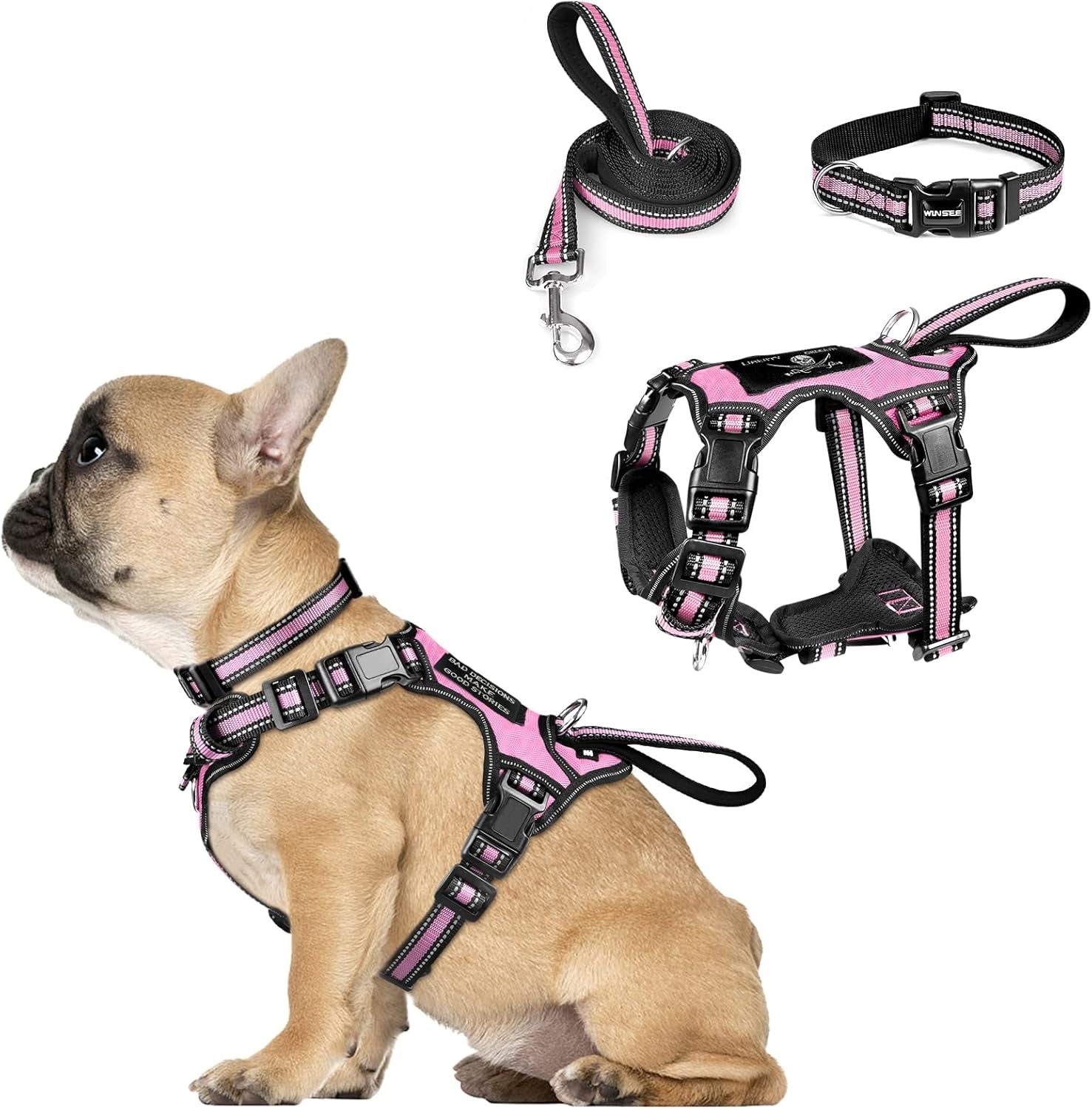winsee-pet-harness-collar-and-leash-set-all-in-one-reflective-dog-harness-no-pull-with-adjustable-buckles-for-puppies-small-medium-large-and-extra-large-dogs-large-pink