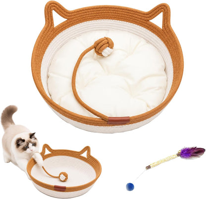Handwoven Cat Basket Bed, Cotton Rope round Cat Scratcher Bed with Cats Ear Handles, Breathable Boho Nesting Pet Bed for Kittens and Indoor Cats (Color D,Small)1