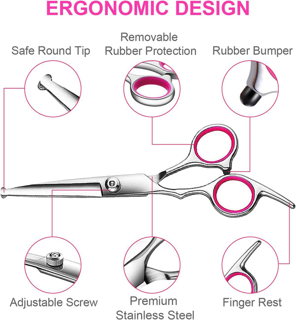 TINMARDA Dog Grooming Kit, Professional Stainless Steel Dog Grooming Scissors with Curved Shears, Pink Finger Rings - 4 Piece Sharp Durable Pet Shears for Dogs Cats at Home Salon-Quality Grooming5