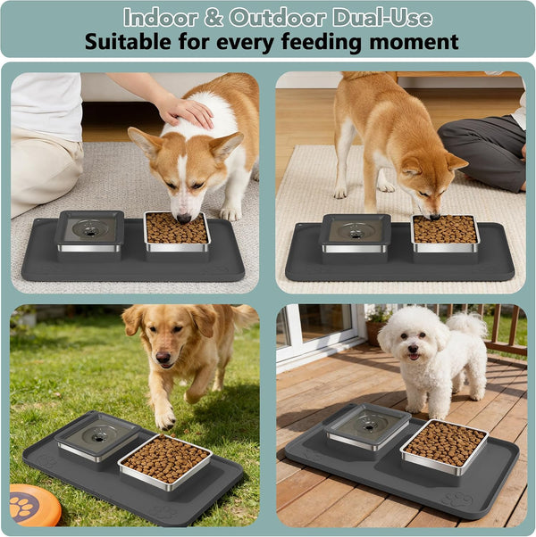 Dog Bowl Set, No Spill Dog Water and Food Bowl with Silicone Mat | Large Capacity 304 Stainless Steel Bowls, 2-In-1 Set, Slows Drinking, Anti-Slip Silicone Feeding Mat, Home/Travel, 6-7 Cups7
