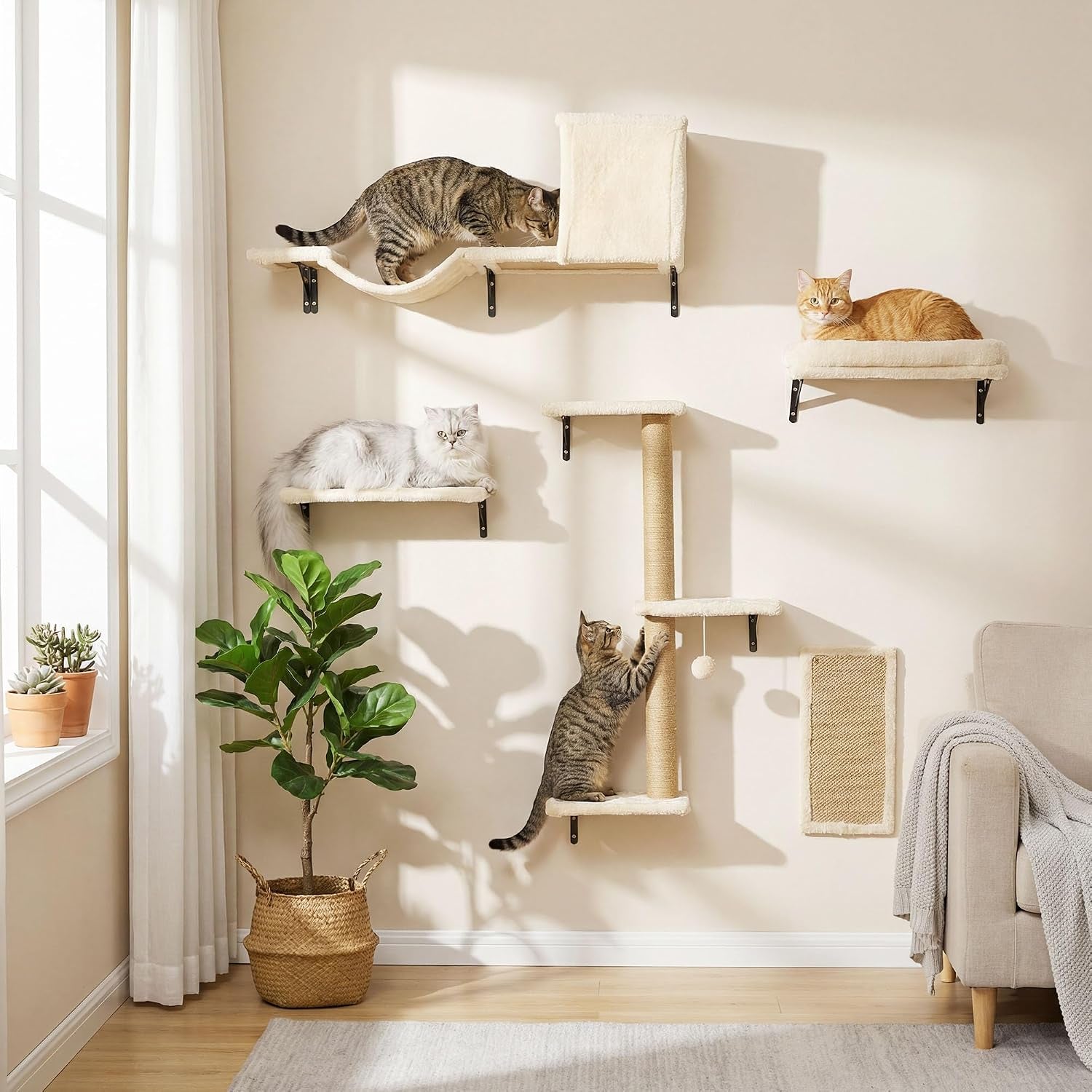 mewang-5-in-1-cat-wall-shelves-cat-climbing-furniture-with-wall-mounted-perch-lounge-for-indoor-cats-space-saving-wall-pet-shelves-for-play-rest-beige