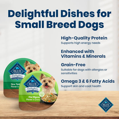 Blue Buffalo Delights Variety Pack Natural Grain Free Wet Dog Food for Small Breed Dogs (Filet Mignon Flavor & New York Strip Flavor) in Gravy with Natural Ingredients, 3.5-Oz. Each (12 Cups)3