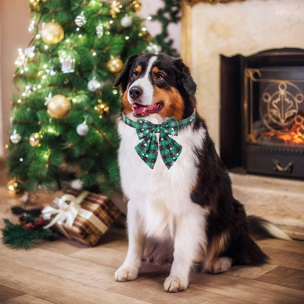 2 Pack Christmas Dog Collar with Bow Tie, Classic Plaid Red Green Dog Collars with Removable Bowtie Christmas Collars for Large Dogs Pets (Large)3