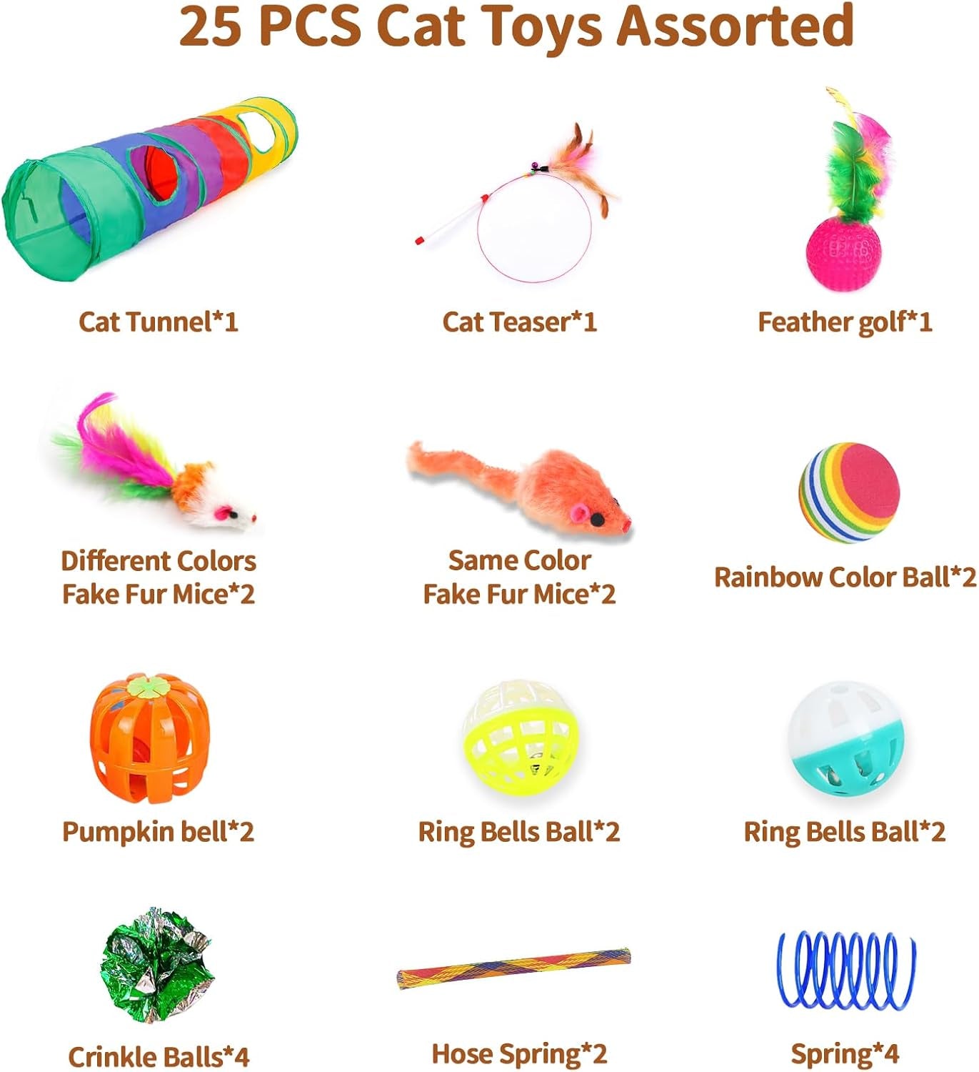 icagy-25-pcs-cat-toys-for-cats-indoor-kittens-interactive-variety-pack-45-inches-rainbow-cat-tunnel-feather-teaser-feather-golf-mice-springs-balls-noise-toys-rainbow-colorful-45