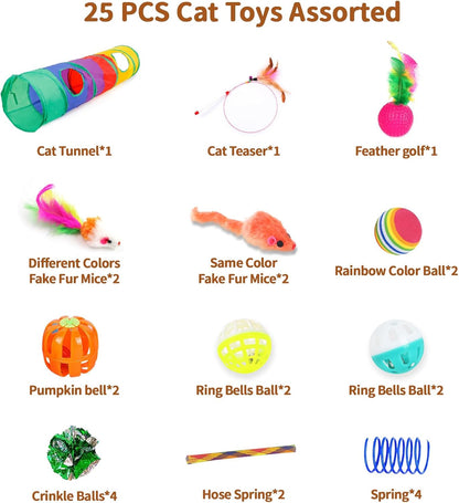 Icagy 25 Pcs Cat Toys for Cats, Indoor Kittens - Interactive Variety Pack, 45 Inches Rainbow Cat Tunnel, Feather Teaser, Feather Golf, Mice, Springs, Balls, Noise Toys - Rainbow/Colorful 45"2