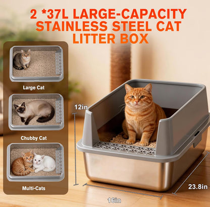 2PACK Stainless Steel Litter Box, Metal Litter Boxs with Lid High Sides, XL Extra Large Litter Box for Big Cats, Never Absorbs Odors, Leak-Proof, Stain-Free, Rust-Free, Easy to Clean, Scoop Included4