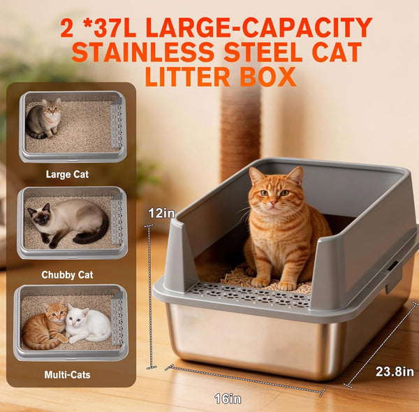 2PACK Stainless Steel Litter Box, Metal Litter Boxs with Lid High Sides, XL Extra Large Litter Box for Big Cats, Never Absorbs Odors, Leak-Proof, Stain-Free, Rust-Free, Easy to Clean, Scoop Included4