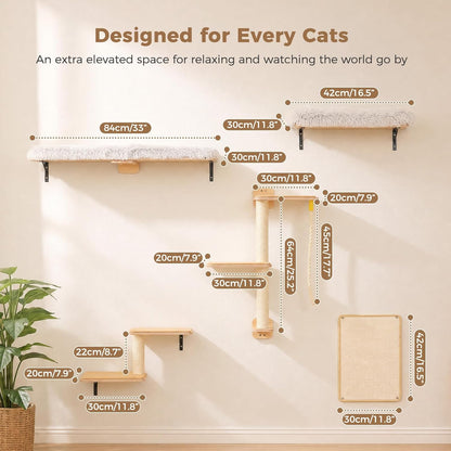 PAWZ Road Cat Wall Shelves, Modern Cat Wall Furniture with Sisal Posts | 5-In-1 Wall Mounted Cat Tree ,Wood Cat Shelves with Long Perch,Cat Wall Climber Holds up to 40Lbs for Large Indoor Cats6