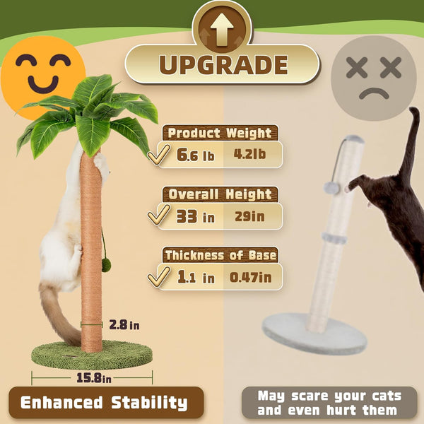 Meowoou Cat Scratching Post 33 Inch Tall Cat Scratcher for Indoor Cats Adults,Small Cat Tree Tower Sisal Rope Kitten Scratch with Interactive Hanging Ball3