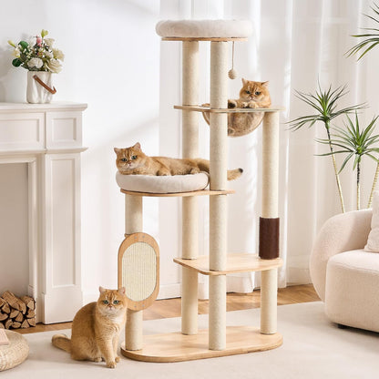 Modern Cat Tree Small Tower with Scratching Post for Indoor, 28 Inch Solid Wood Multifunctional Corner Cat Tree Tower with Bed, Dangling Ball,Interactive Rope, Scratching Board15