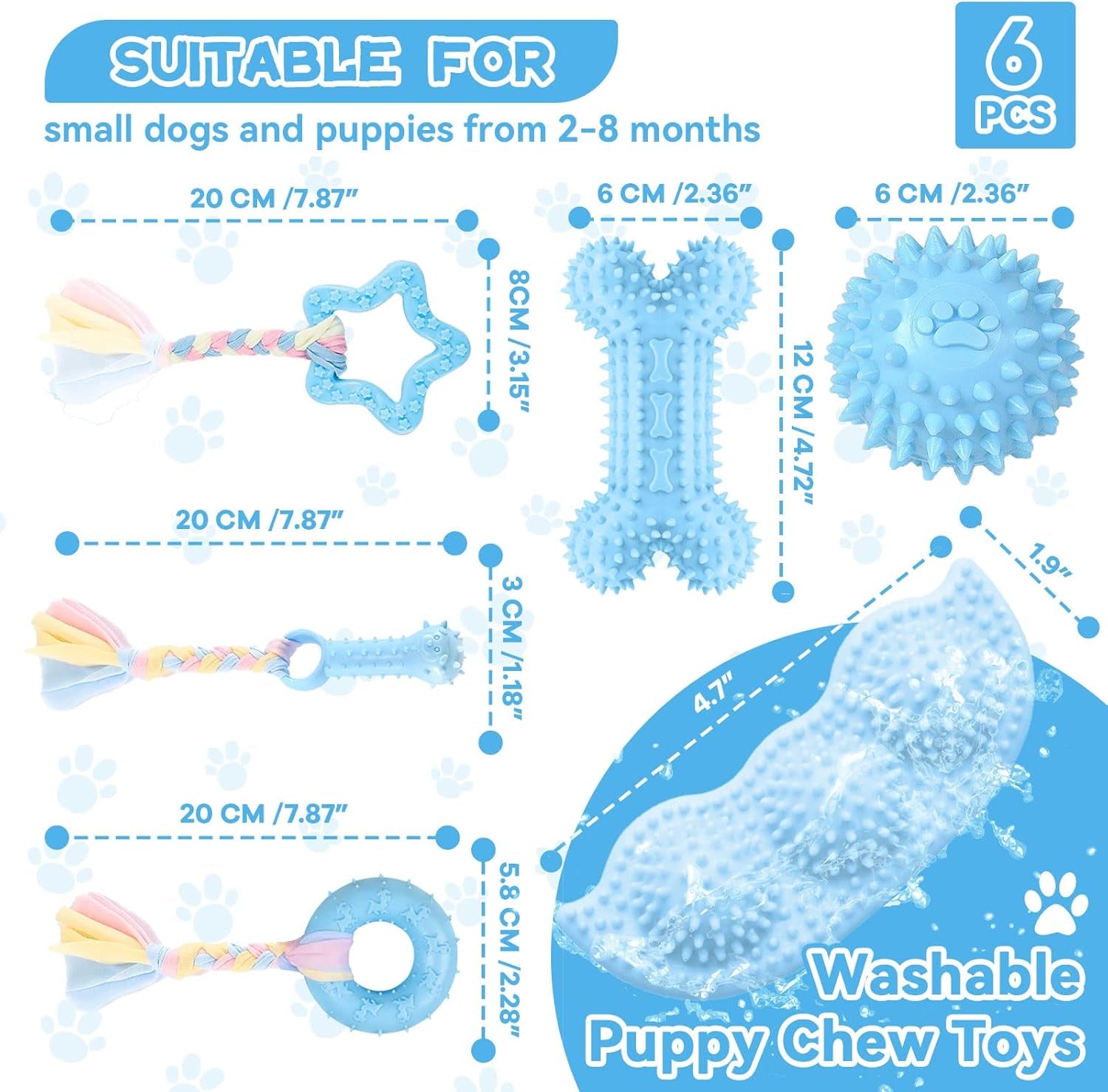 petcare-6-pack-puppy-chew-toys-blue-soft-rubber-rope-bone-ball-teething-toys-for-small-dogs-puppies-including-yorkie