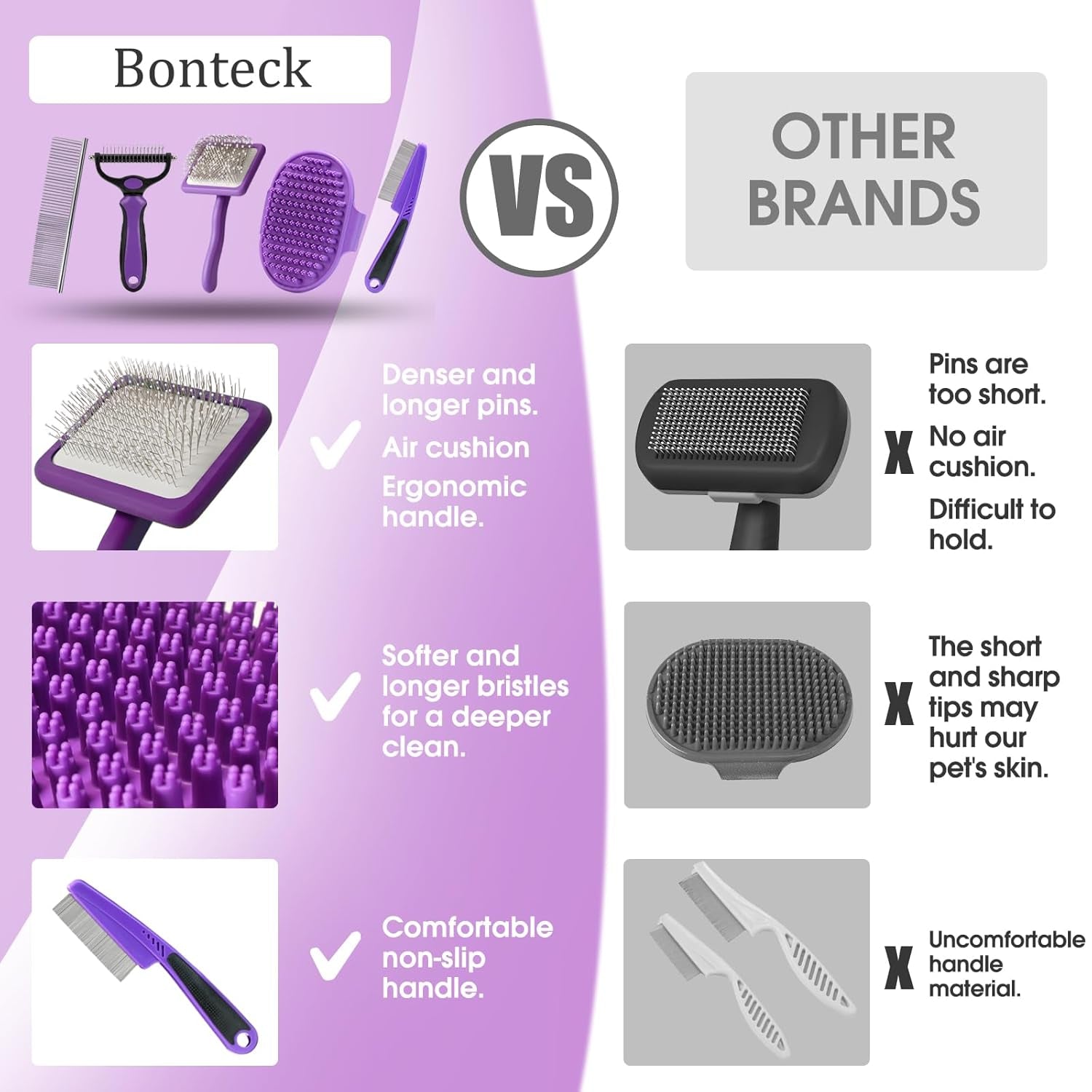 bonteck-dog-slicker-brush-for-dogs-grooming-kit-5pcs-long-haired-doodles-goldendoodles-poodles-skin-friendly-deshedding-comb-and-rake-removes-undercoat-professional-detangling-large-purple