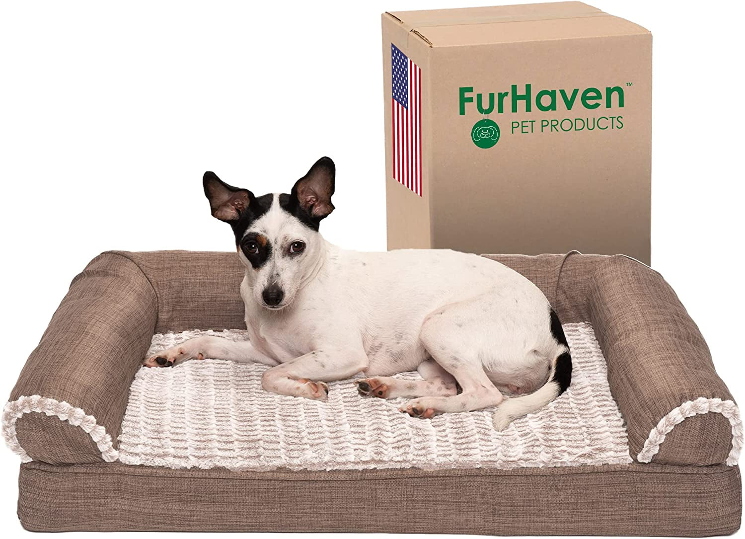 furhaven-memory-foam-dog-bed-for-medium-small-dogs-w-removable-bolsters-washable-cover-for-dogs-up-to-35-lbs-luxe-faux-fur-performance-linen-sofa-woodsmoke-medium